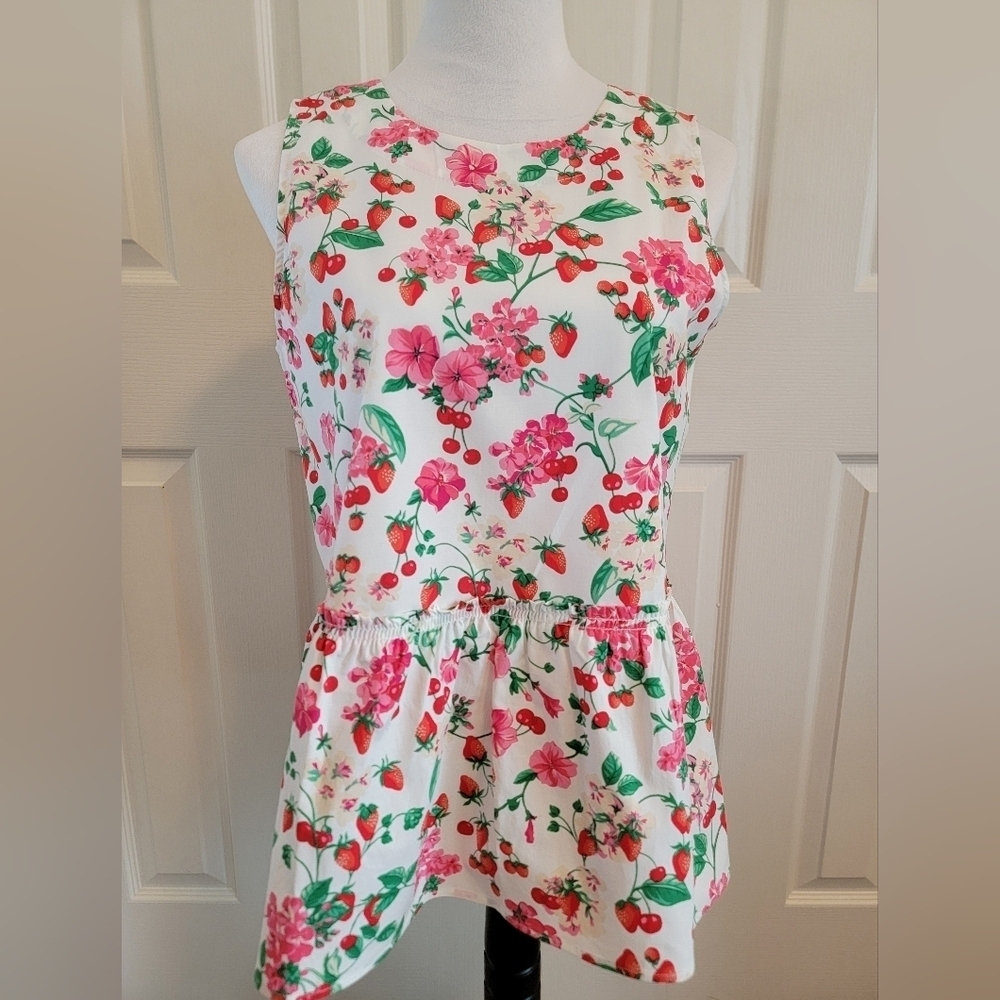 NWT Ann Taylor Strawberry And Cherry White Peplum Tie Back Top Size S